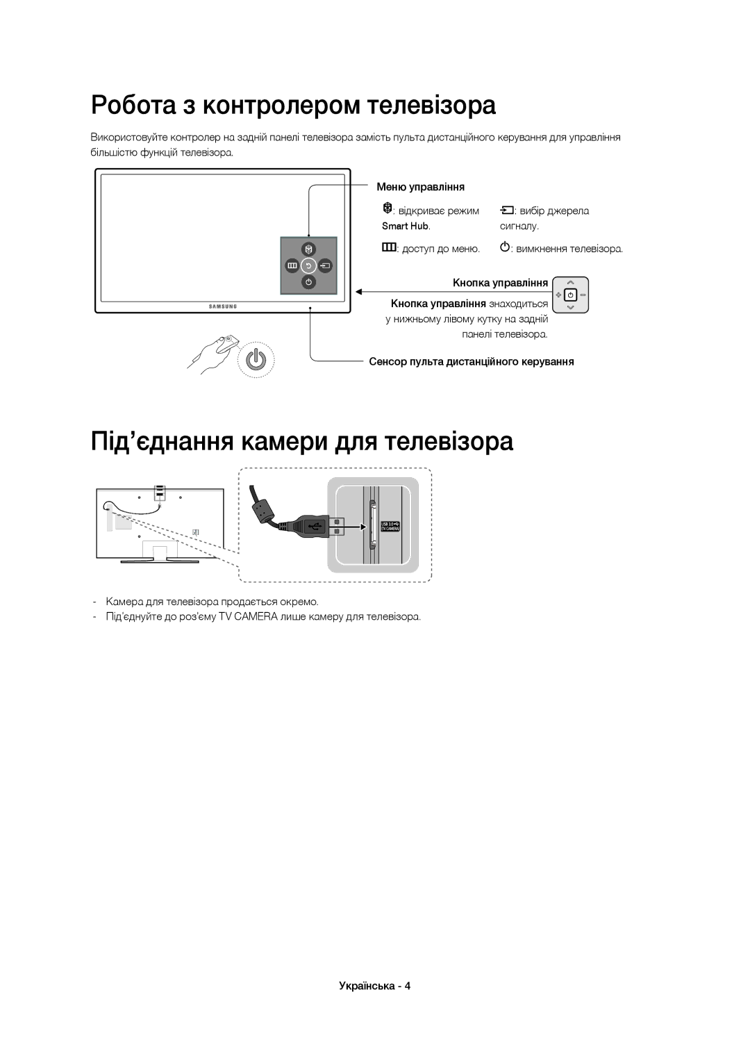 Samsung UE55JS8500TXRU, UE65JS8500TXRU, UE48JS8500TXRU Робота з контролером телевізора, Під’єднання камери для телевізора 