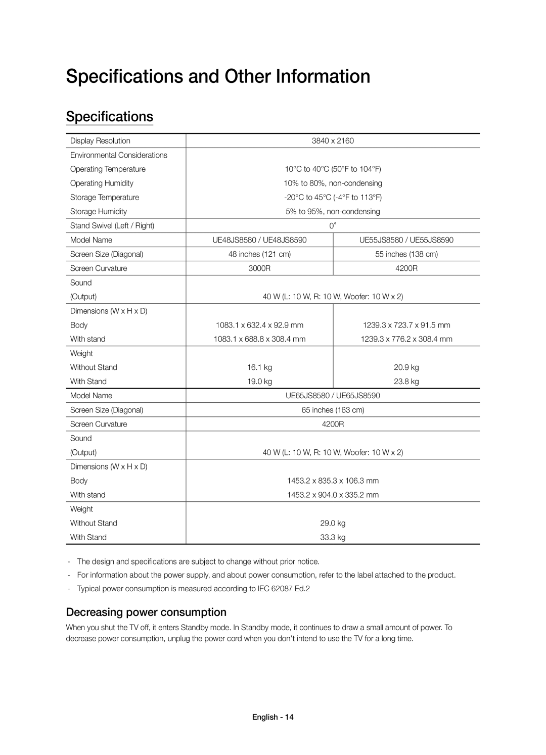 Samsung UE48JS8580TXZG, UE65JS8590TXZG, UE55JS8590TXZG Specifications and Other Information, Decreasing power consumption 