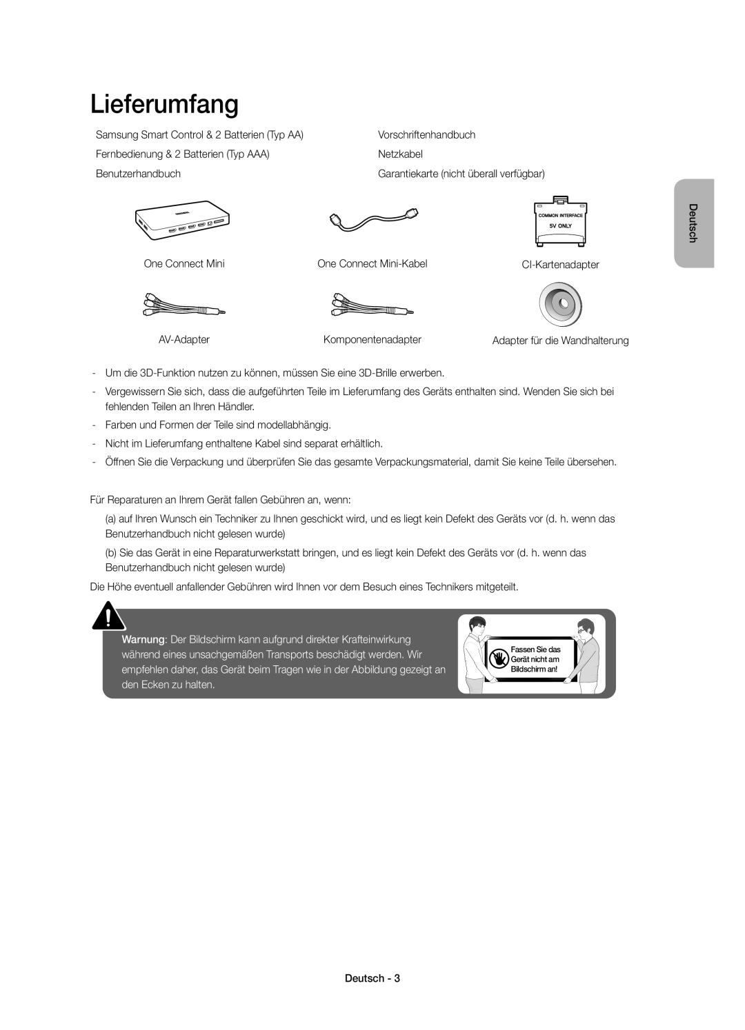 Samsung UE55JS8580TXZG manual Lieferumfang, One Connect Mini One Connect Mini-Kabel, AV-Adapter Komponentenadapter 