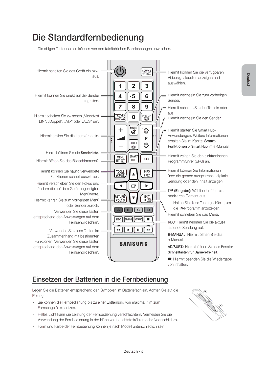 Samsung UE48JS8580TXZG, UE65JS8590TXZG manual Die Standardfernbedienung, Einsetzen der Batterien in die Fernbedienung 