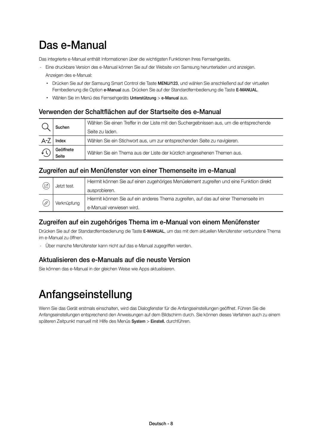 Samsung UE55JS8580TXZG manual Das e-Manual, Anfangseinstellung, Verwenden der Schaltflächen auf der Startseite des e-Manual 