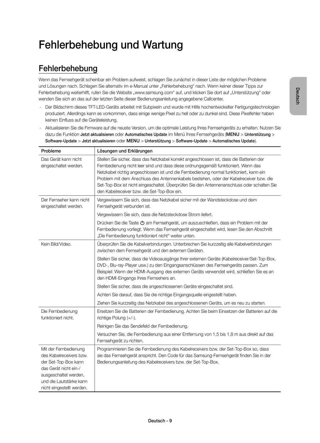 Samsung UE48JS8590TXZG, UE65JS8590TXZG, UE55JS8590TXZG, UE55JS8580TXZG, UE48JS8580TXZG manual Fehlerbehebung und Wartung 