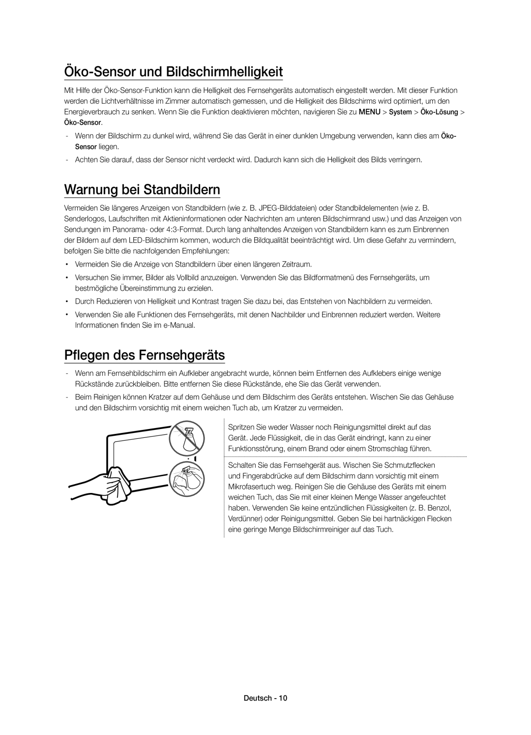 Samsung UE48JS8580TXZG manual Öko-Sensor und Bildschirmhelligkeit, Warnung bei Standbildern, Pflegen des Fernsehgeräts 