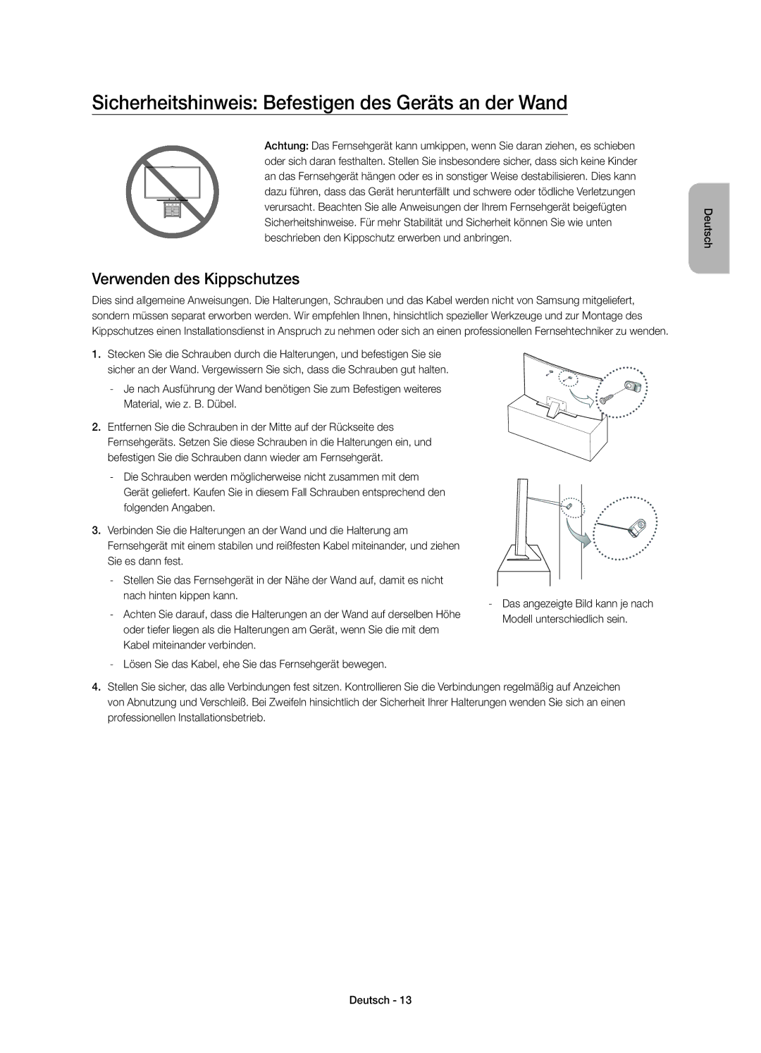 Samsung UE55JS8580TXZG, UE65JS8590TXZG Sicherheitshinweis Befestigen des Geräts an der Wand, Verwenden des Kippschutzes 