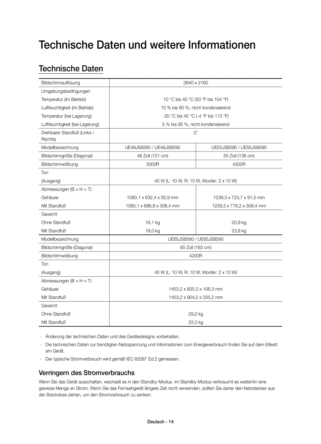 Samsung UE48JS8590TXZG, UE65JS8590TXZG manual Technische Daten und weitere Informationen, Verringern des Stromverbrauchs 