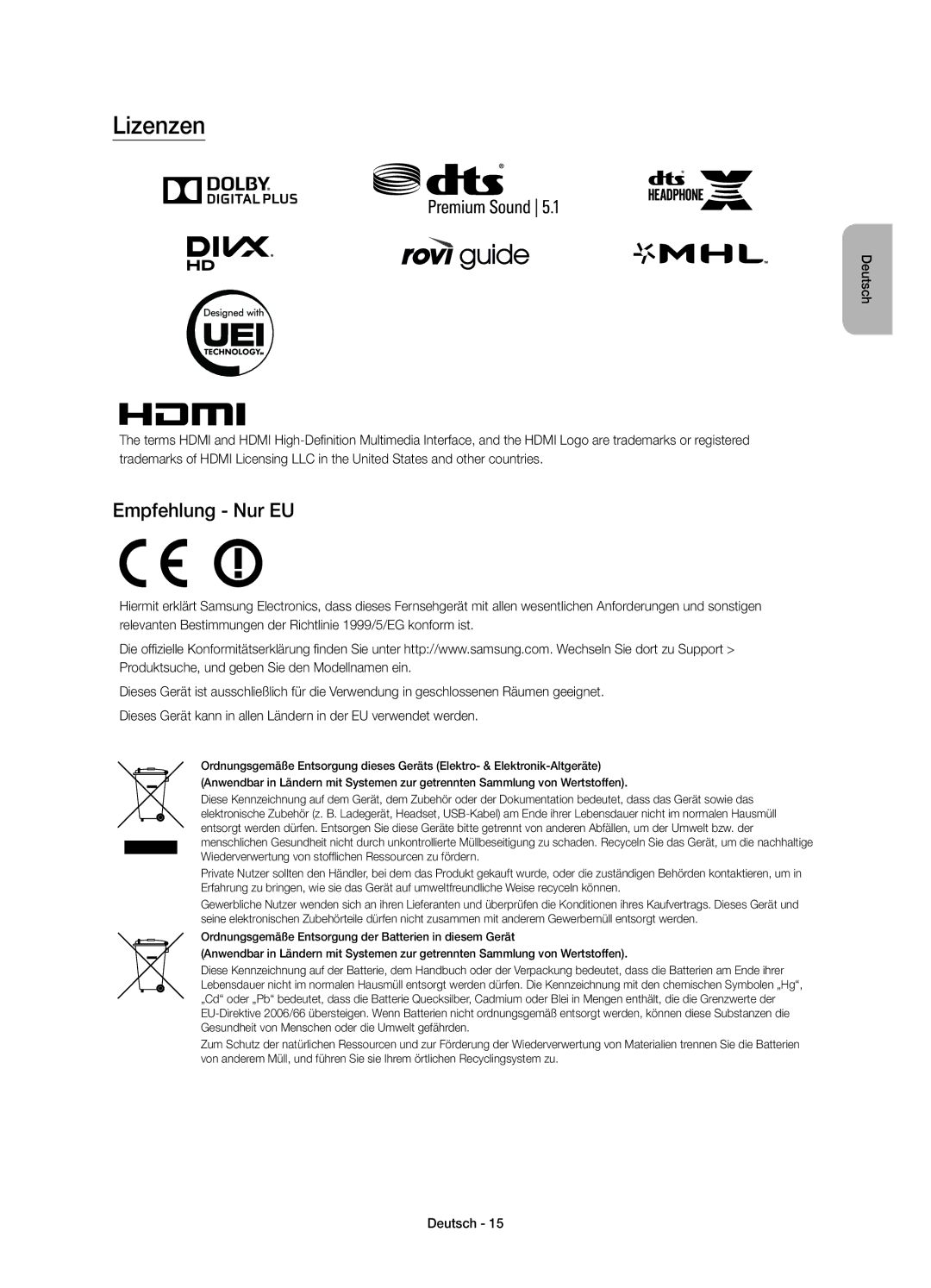 Samsung UE48JS8580TXZG, UE65JS8590TXZG, UE55JS8590TXZG, UE55JS8580TXZG, UE48JS8590TXZG manual Lizenzen, Empfehlung Nur EU 