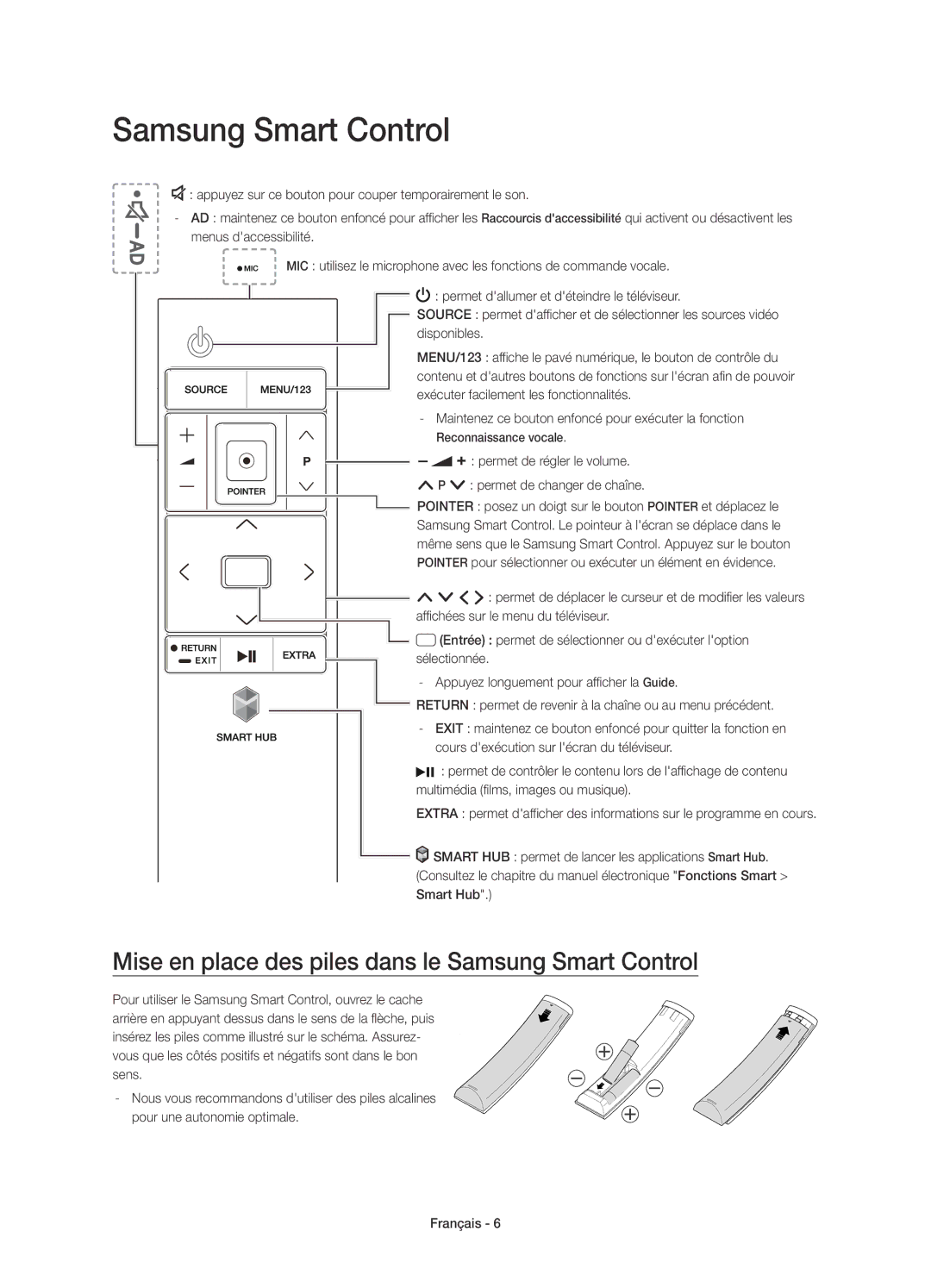 Samsung UE48JS8580TXZG Mise en place des piles dans le Samsung Smart Control, Exécuter facilement les fonctionnalités 