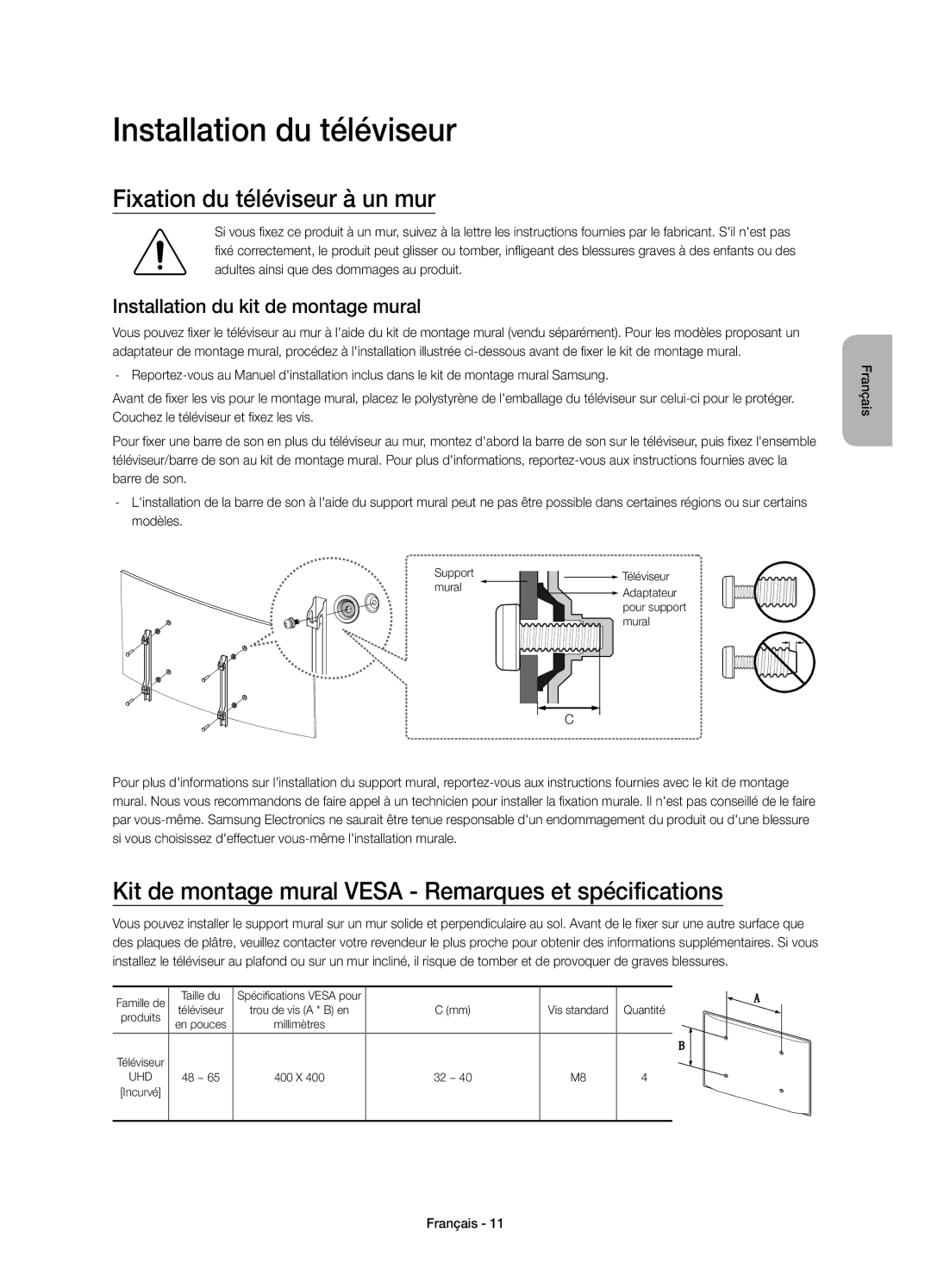 Samsung UE48JS8580TXZG Installation du téléviseur, Fixation du téléviseur à un mur, Installation du kit de montage mural 