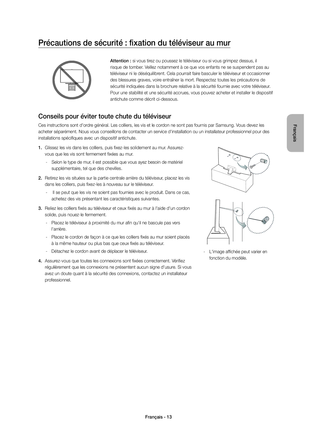 Samsung UE55JS8590TXZG, UE65JS8590TXZG, UE55JS8580TXZG, UE48JS8590TXZG Précautions de sécurité fixation du téléviseur au mur 