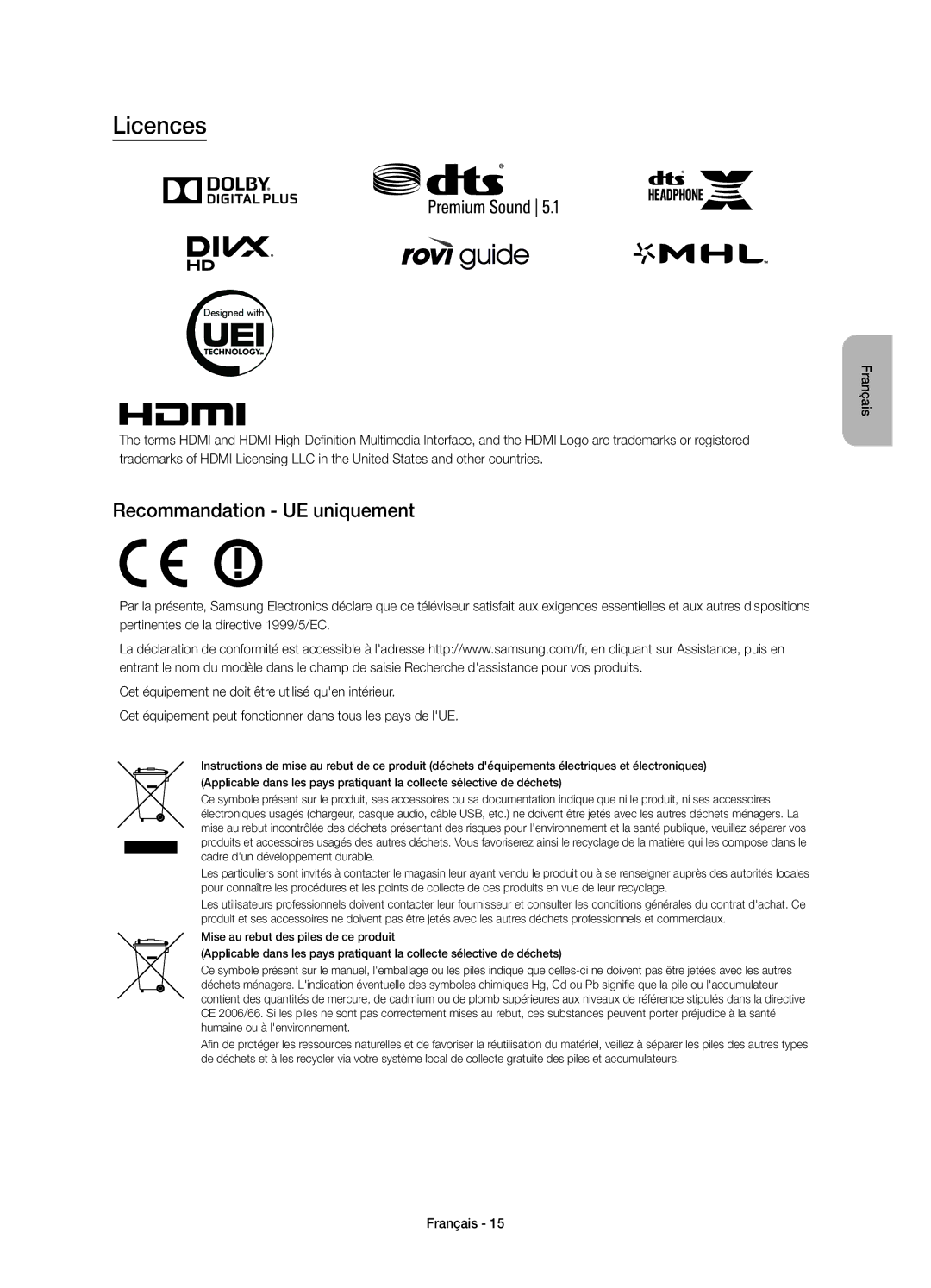 Samsung UE48JS8590TXZG, UE65JS8590TXZG, UE55JS8590TXZG, UE55JS8580TXZG, UE48JS8580TXZG Licences, Recommandation UE uniquement 