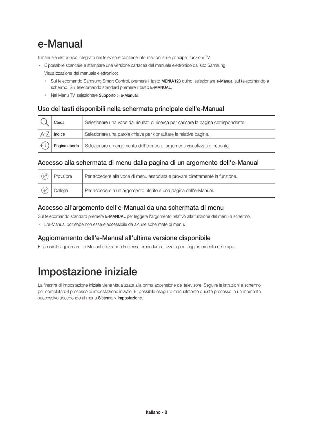 Samsung UE65JS8590TXZG, UE55JS8590TXZG Impostazione iniziale, Accesso allargomento delle-Manual da una schermata di menu 