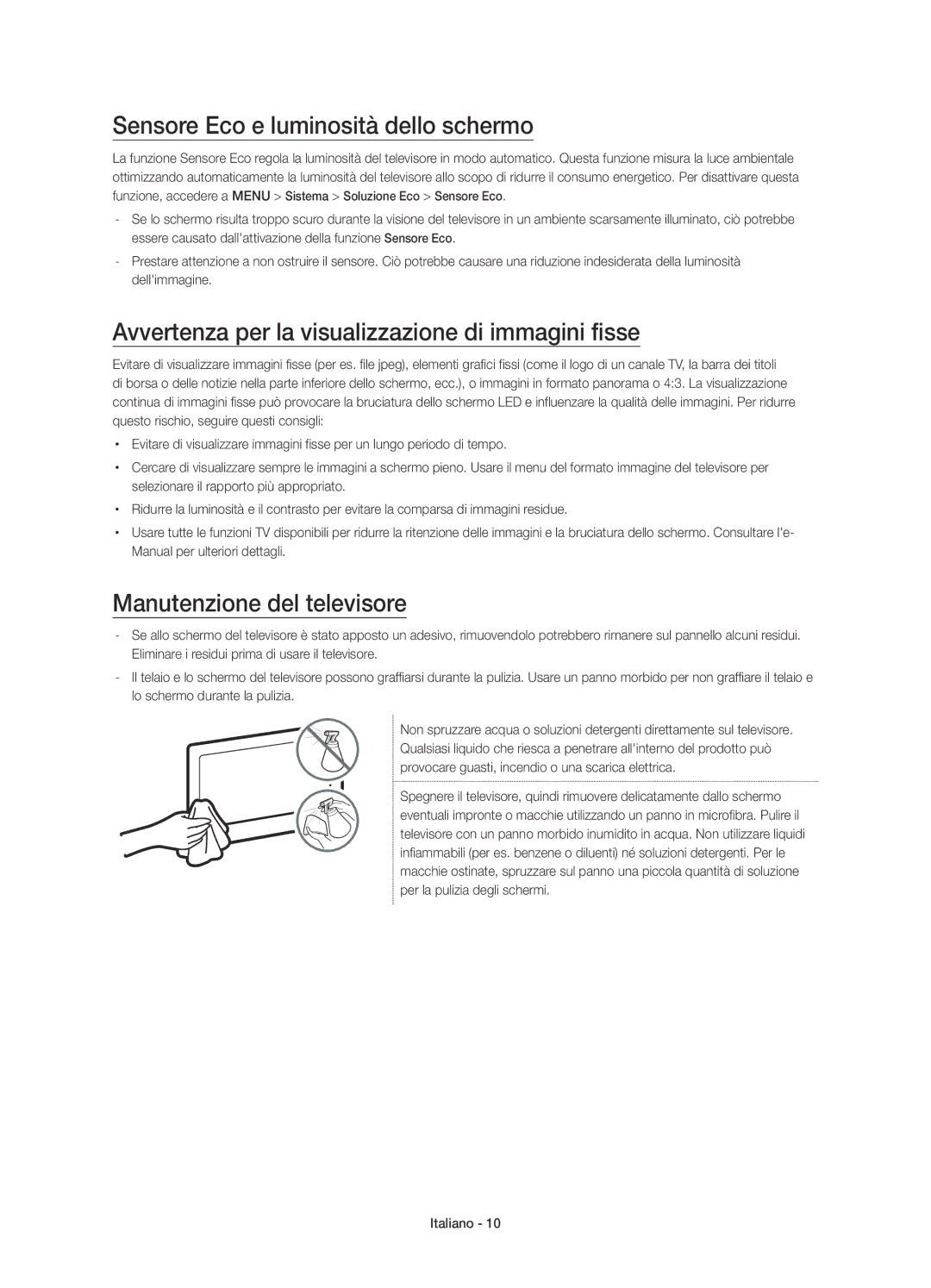 Samsung UE55JS8580TXZG manual Sensore Eco e luminosità dello schermo, Avvertenza per la visualizzazione di immagini fisse 