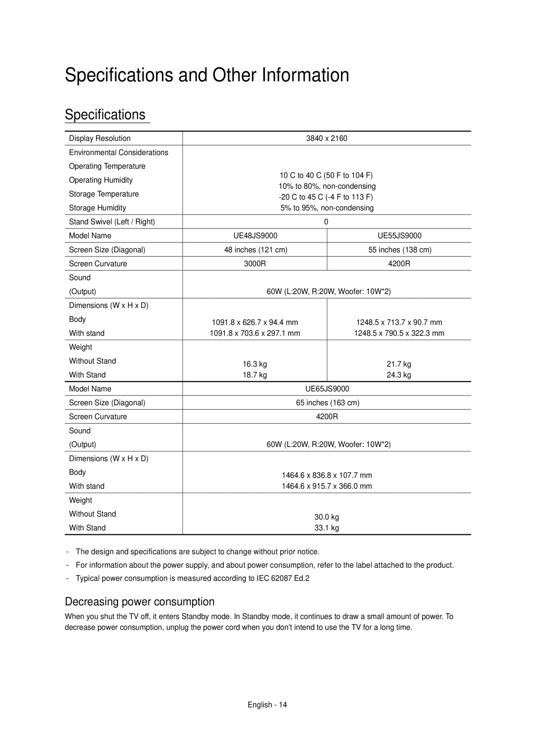 Samsung UE55JS9000TXZF, UE65JS9000TXXC, UE55JS9000TXXC Specifications and Other Information, Decreasing power consumption 