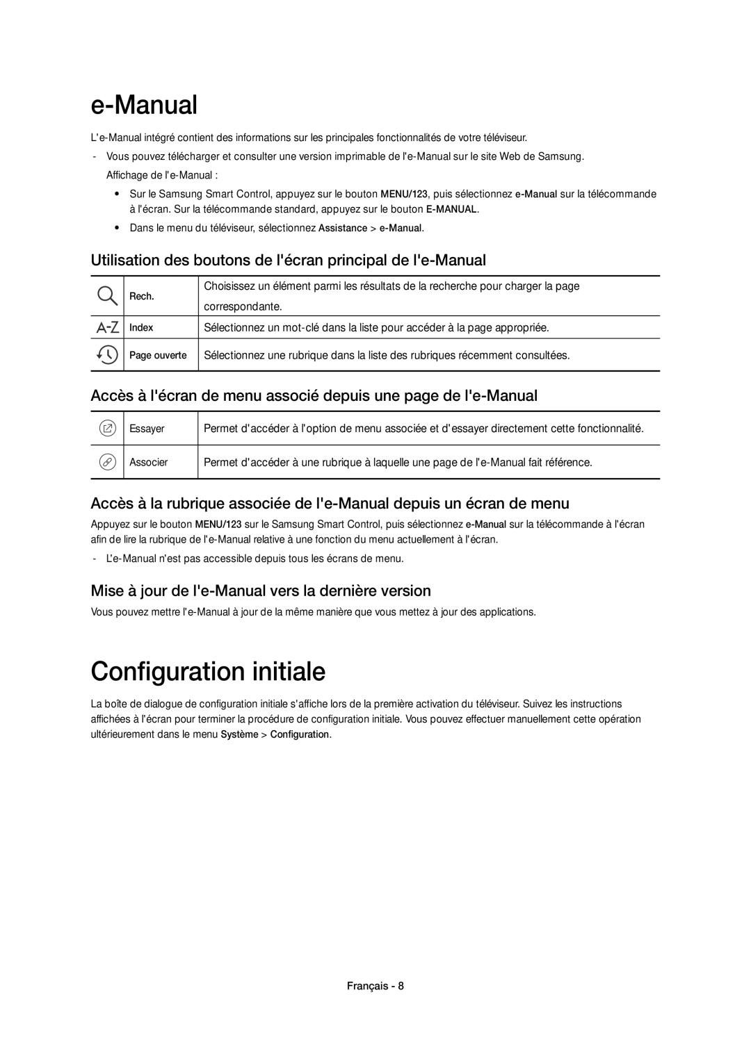 Samsung UE65JS9000TXXC manual Configuration initiale, Utilisation des boutons de lécran principal de le-Manual 