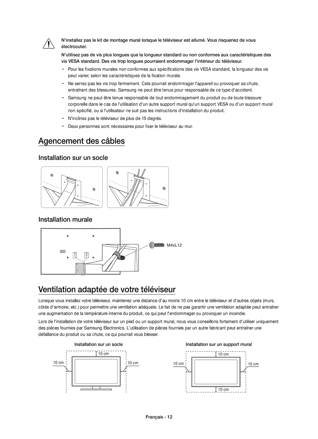 Samsung UE48JS9000TXZT, UE65JS9000TXXC, UE55JS9000TXXC manual Agencement des câbles, Ventilation adaptée de votre téléviseur 