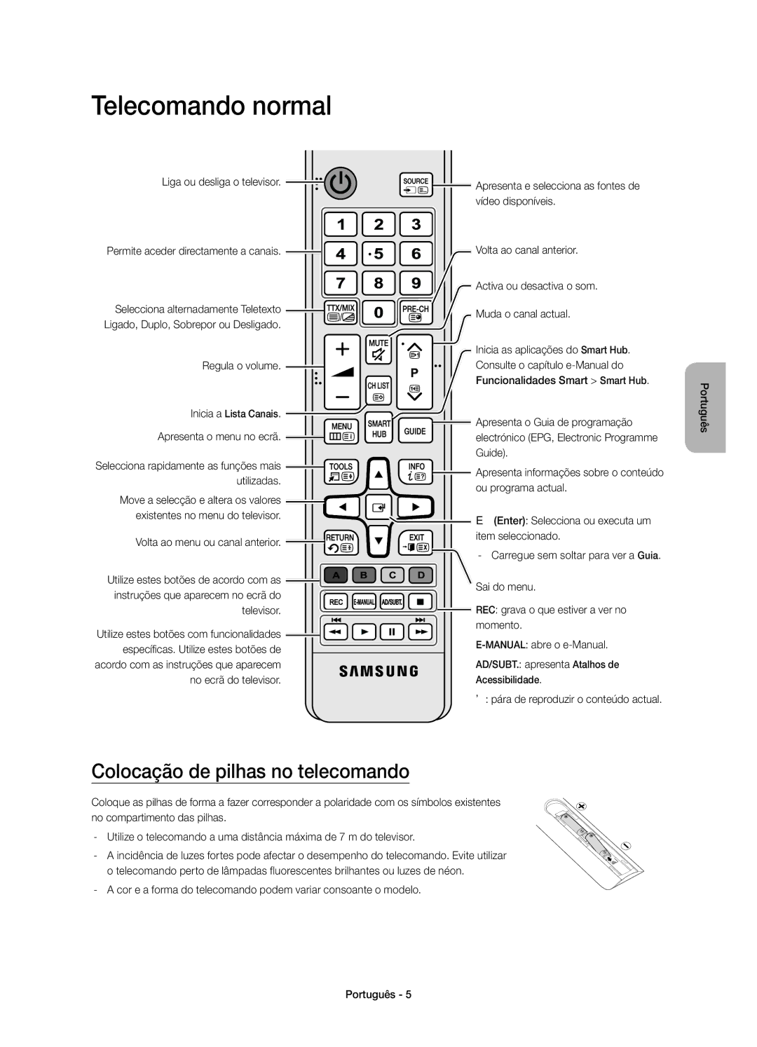 Samsung UE55JS9000TXZF, UE65JS9000TXXC manual Telecomando normal, Colocação de pilhas no telecomando, Regula o volume 