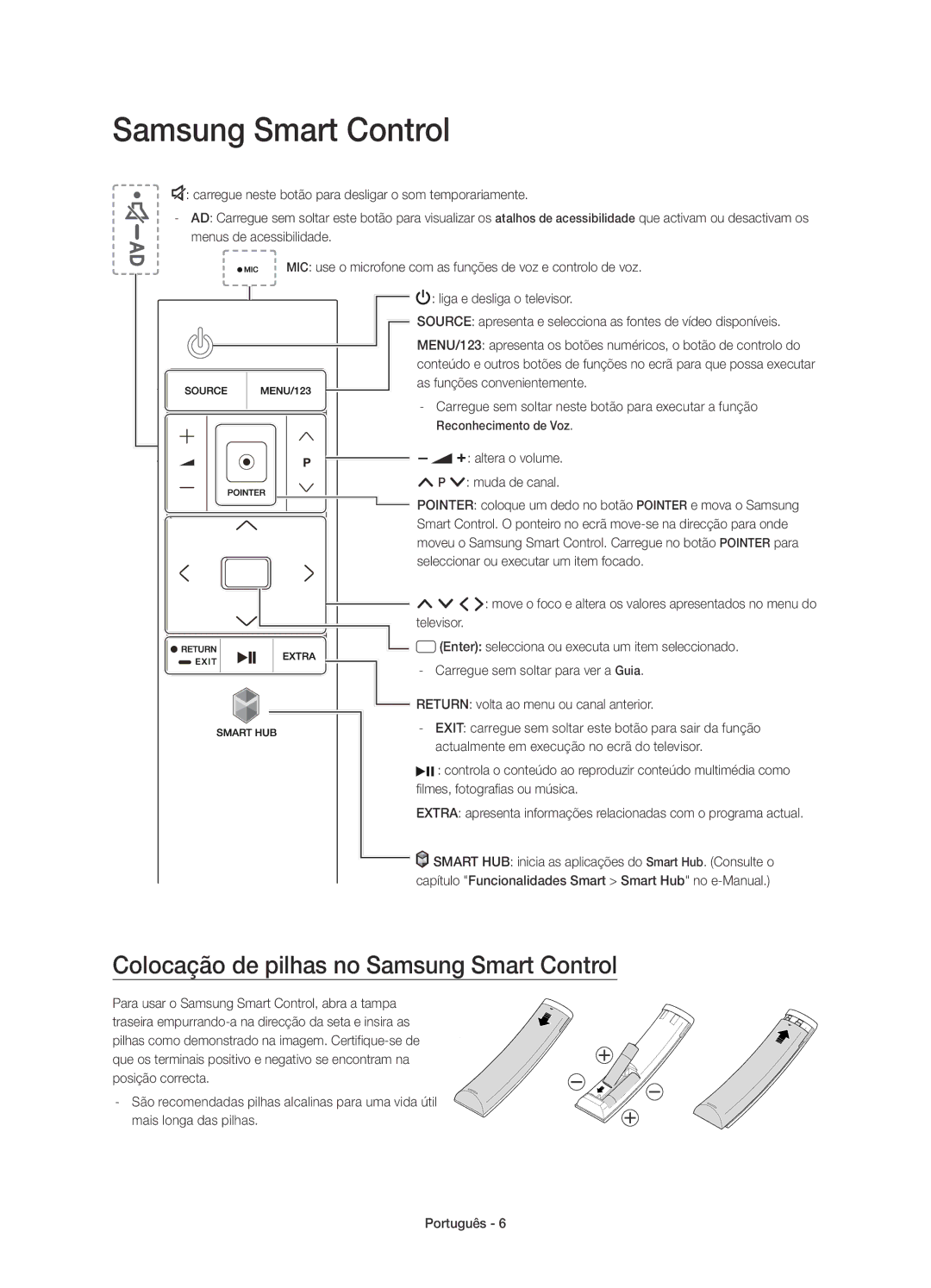 Samsung UE48JS9000TXZT, UE65JS9000TXXC manual Colocação de pilhas no Samsung Smart Control, Altera o volume Muda de canal 