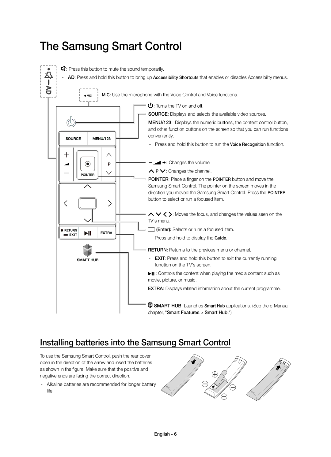 Samsung UE55JS9000TXZT, UE65JS9000TXXC, UE55JS9000TXXC manual Installing batteries into the Samsung Smart Control 