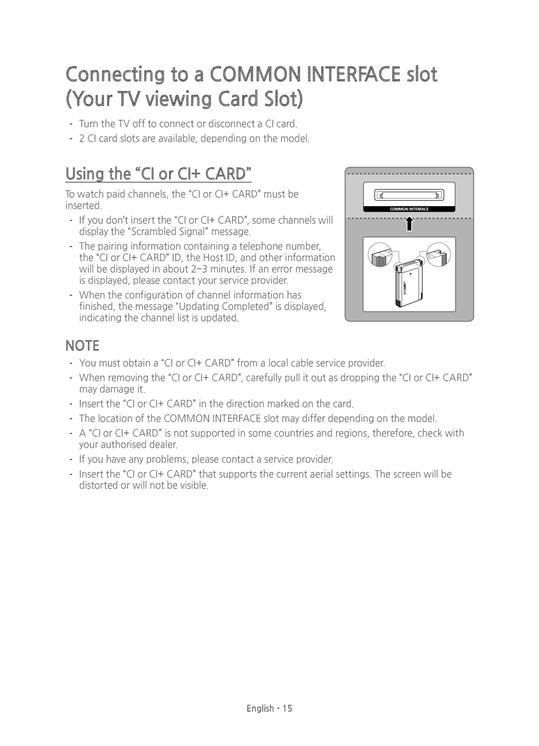 Samsung UE48JS9000TXZT, UE65JS9000TXXC, UE55JS9000TXXC, UE48JS9000TXZF, UE55JS9000TXZF manual Using the CI or CI+ Card 