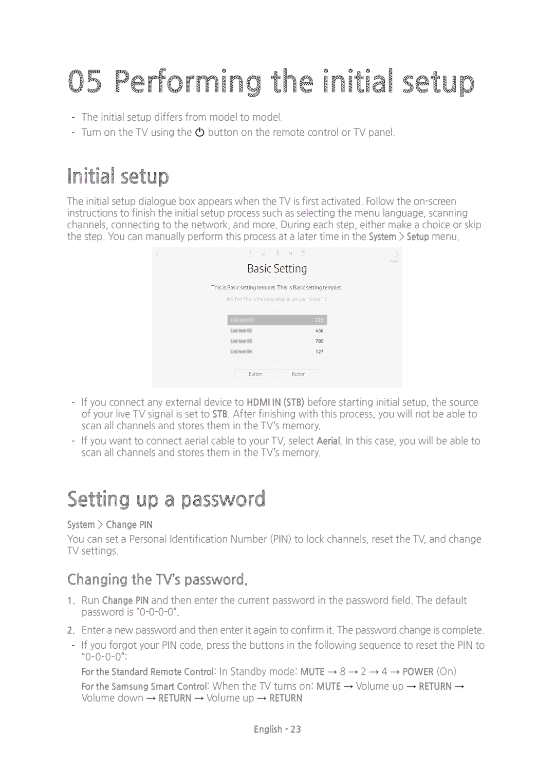 Samsung UE55JS9000TXXC, UE65JS9000TXXC, UE48JS9000TXZF Performing the initial setup, Initial setup, Setting up a password 