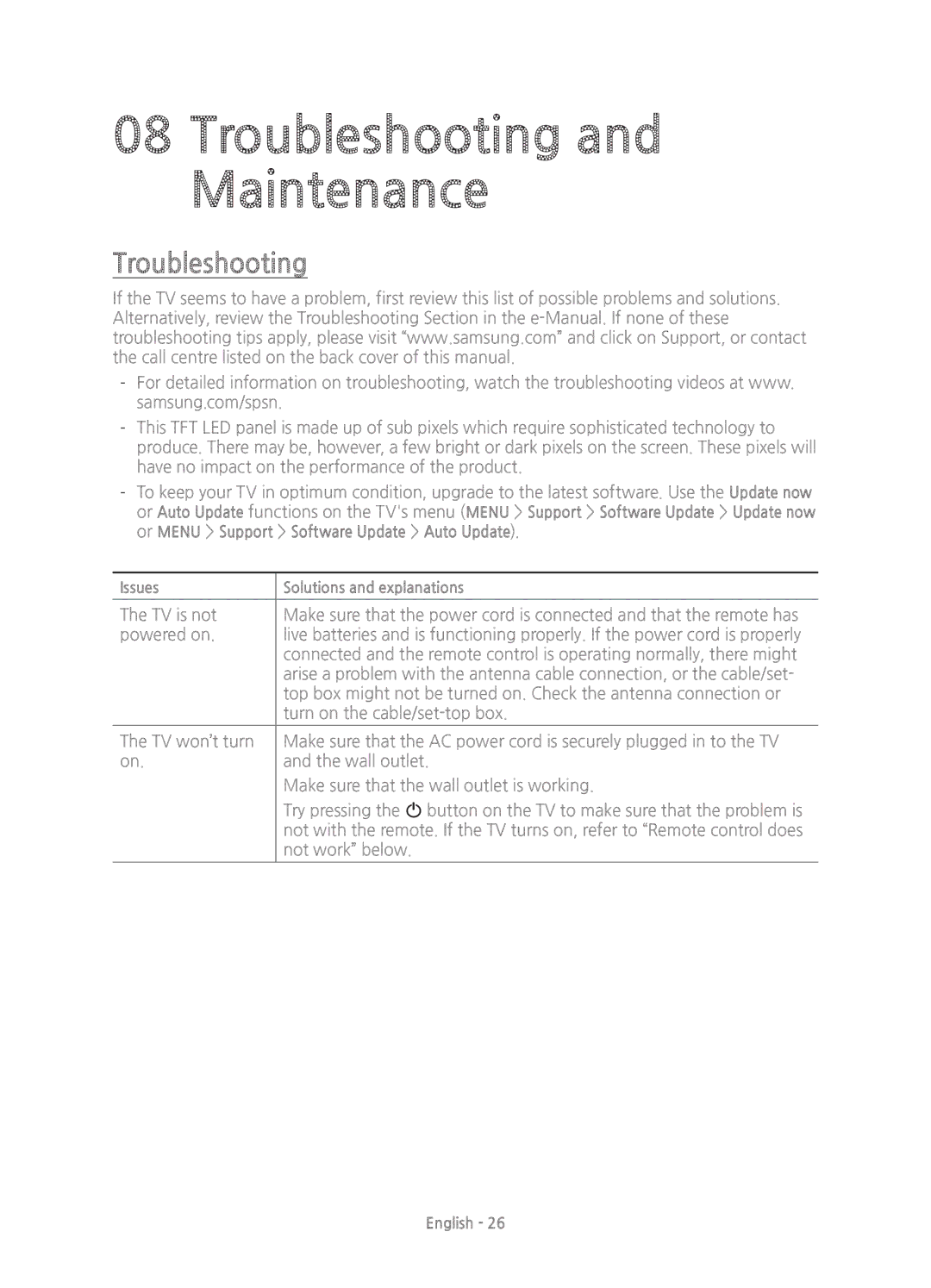 Samsung UE48JS9000TXZT, UE65JS9000TXXC, UE55JS9000TXXC, UE48JS9000TXZF, UE55JS9000TXZF manual Troubleshooting and Maintenance 