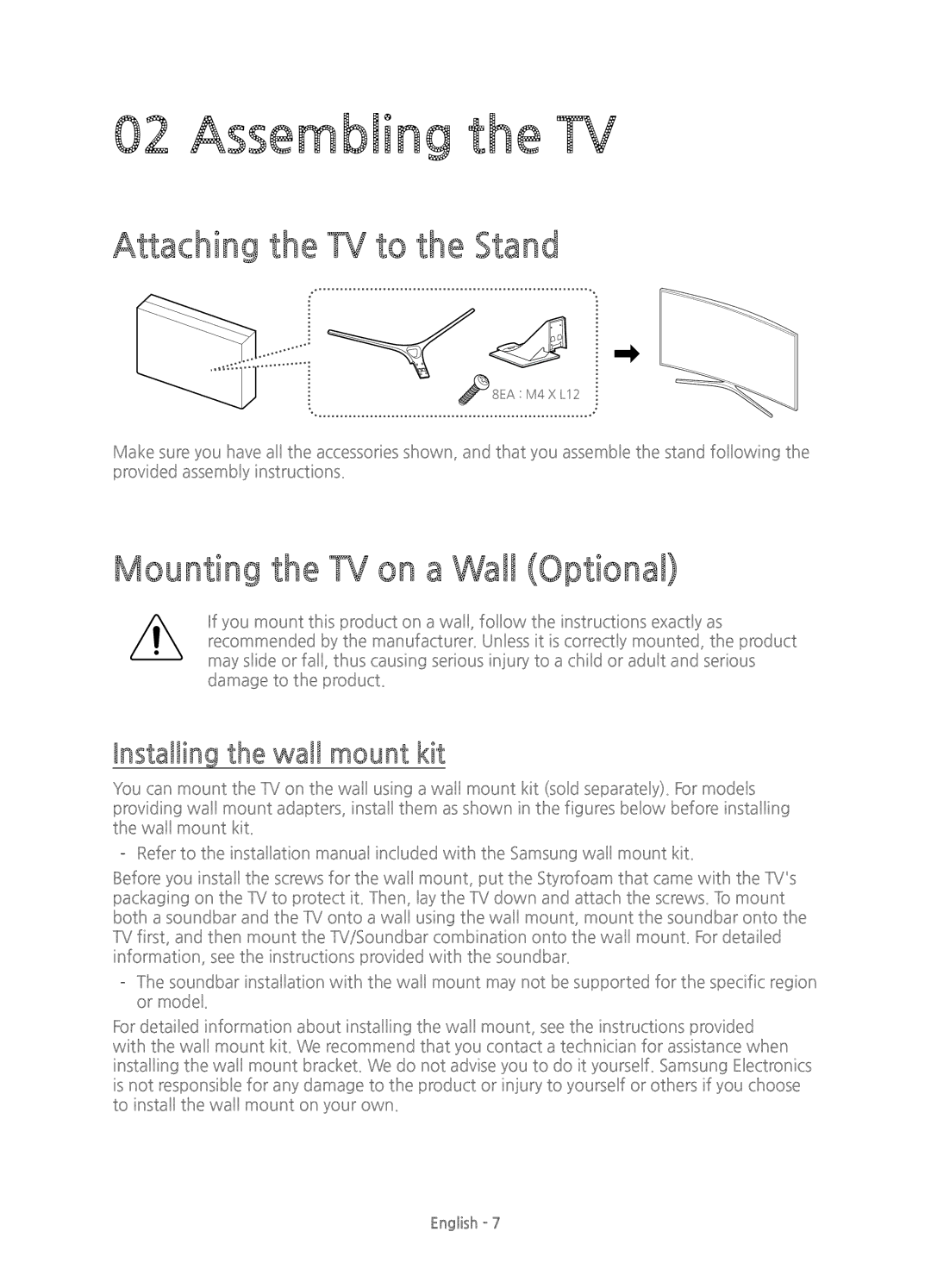 Samsung UE48JS9000TXXC manual Assembling the TV, Attaching the TV to the Stand, Mounting the TV on a Wall Optional 