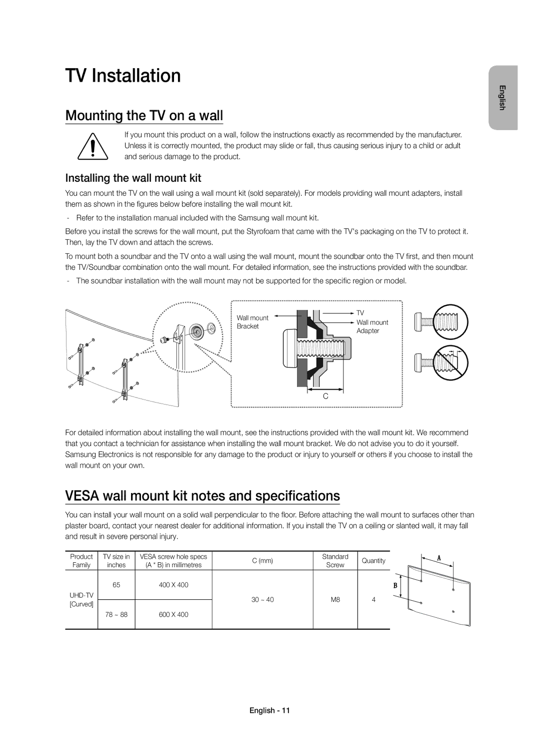 Samsung UE78JS9500LXXH manual TV Installation, Mounting the TV on a wall, Vesa wall mount kit notes and specifications 