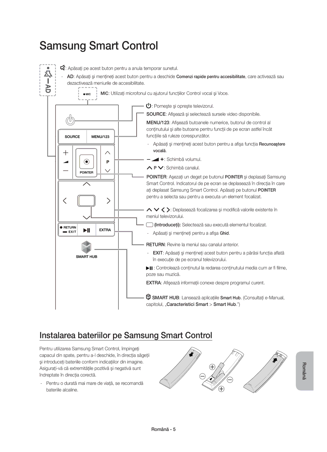 Samsung UE65JS9500LXXH, UE65JS9500LXXN Instalarea bateriilor pe Samsung Smart Control, Funcţiile să ruleze corespunzător 