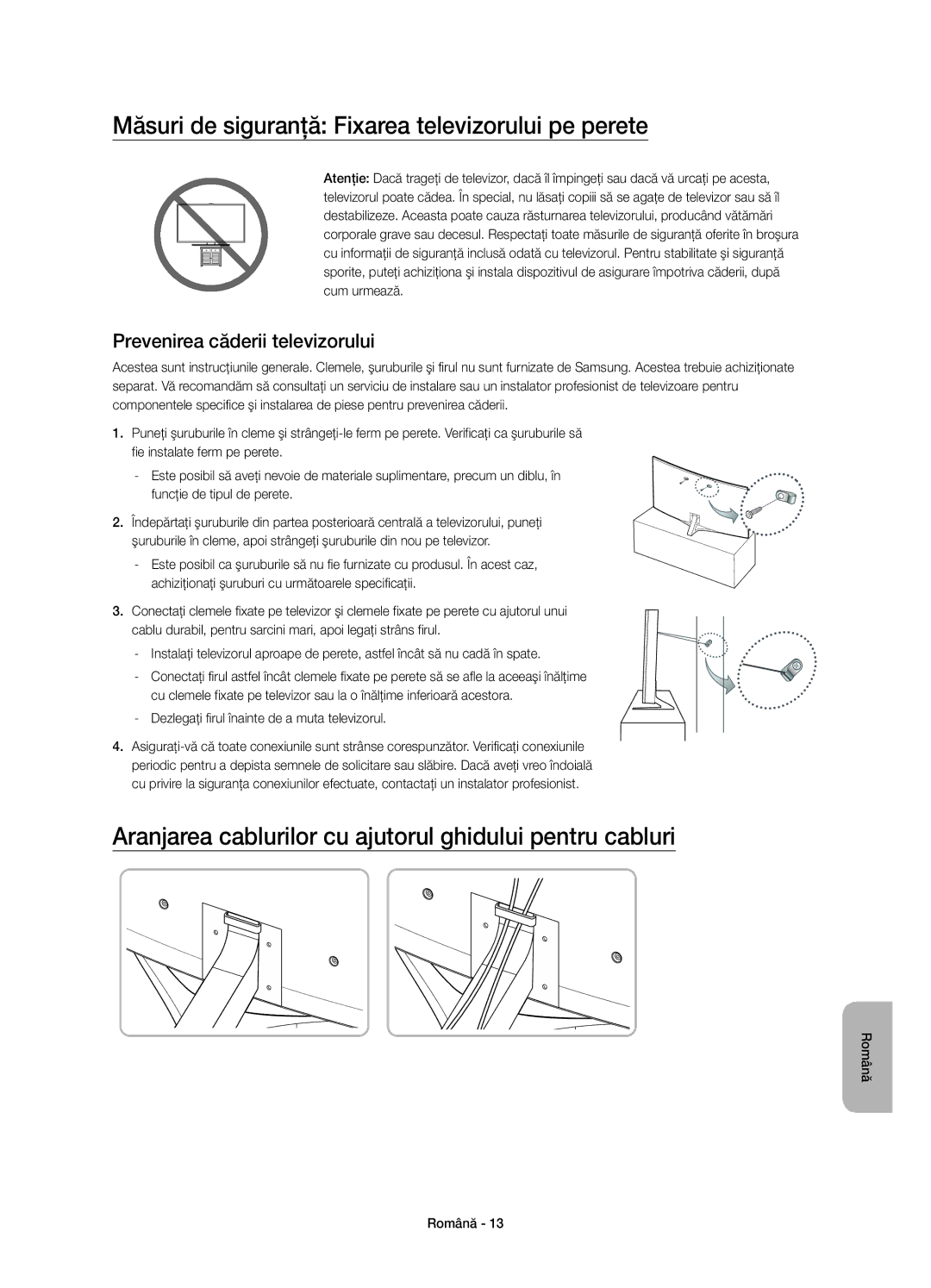 Samsung UE78JS9500LXXN manual Măsuri de siguranţă Fixarea televizorului pe perete, Prevenirea căderii televizorului 