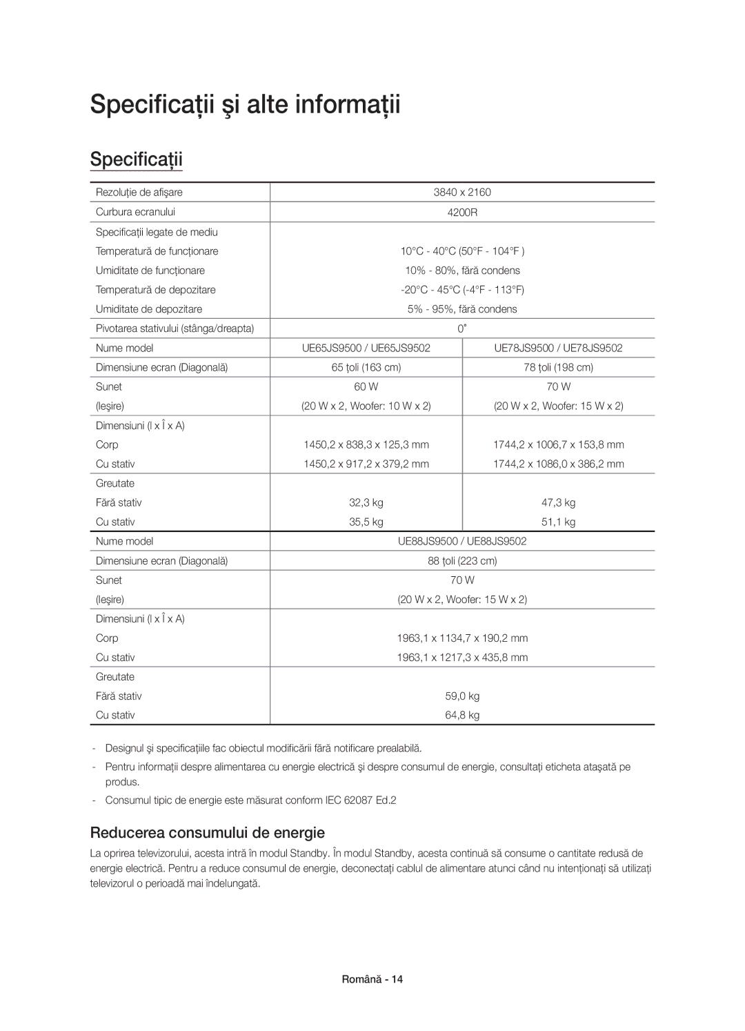 Samsung UE65JS9500LXXH, UE65JS9500LXXN, UE78JS9500LXXH Specificaţii şi alte informaţii, Reducerea consumului de energie 