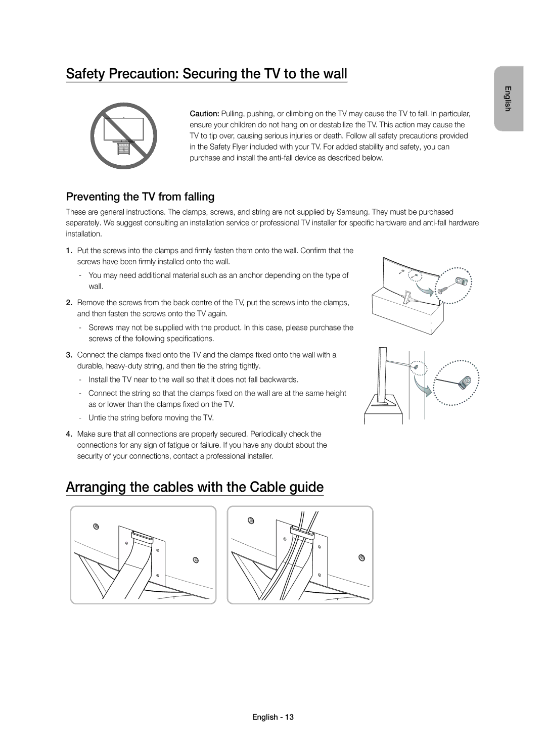 Samsung UE65JS9502TXXH manual Safety Precaution Securing the TV to the wall, Arranging the cables with the Cable guide 