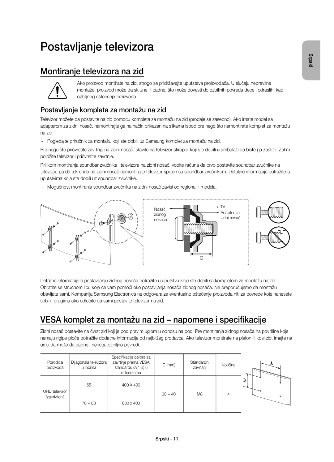 Samsung UE78JS9500LXXH manual Montiranje televizora na zid, Vesa komplet za montažu na zid napomene i specifikacije 