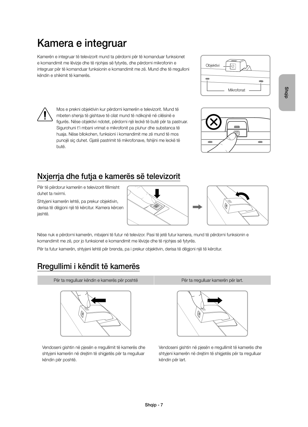 Samsung UE88JS9502TXXH Kamera e integruar, Nxjerrja dhe futja e kamerës së televizorit, Rregullimi i këndit të kamerës 