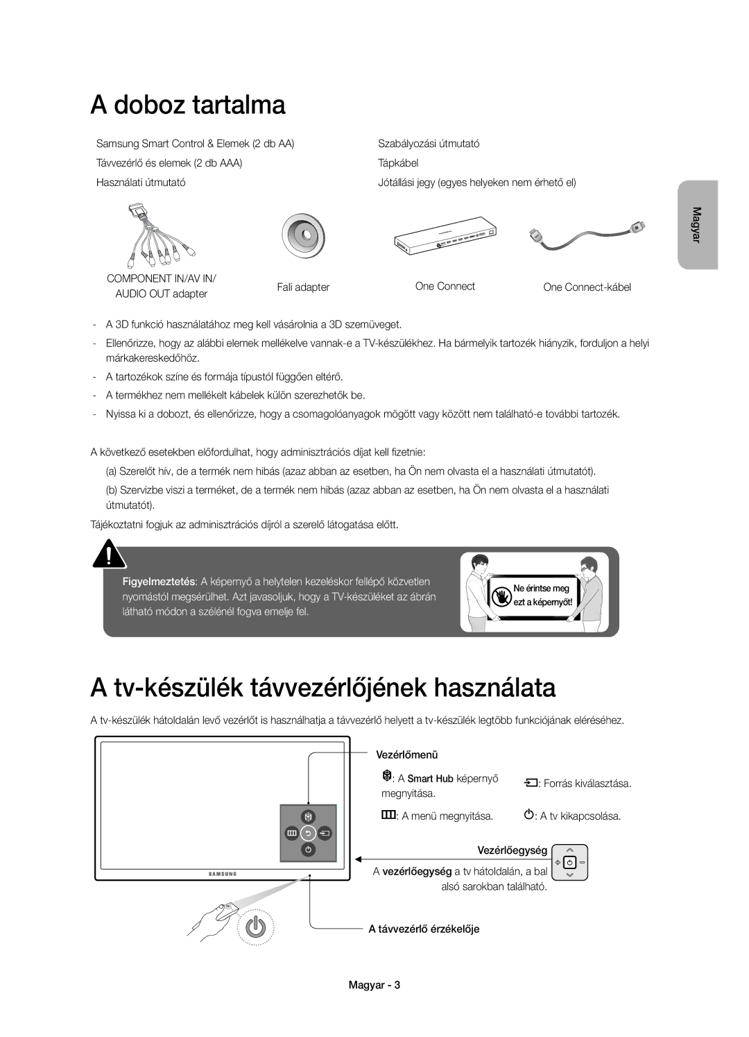 Samsung UE78JS9500LXXN, UE65JS9500LXXH, UE65JS9500LXXN manual Doboz tartalma, Tv-készülék távvezérlőjének használata 