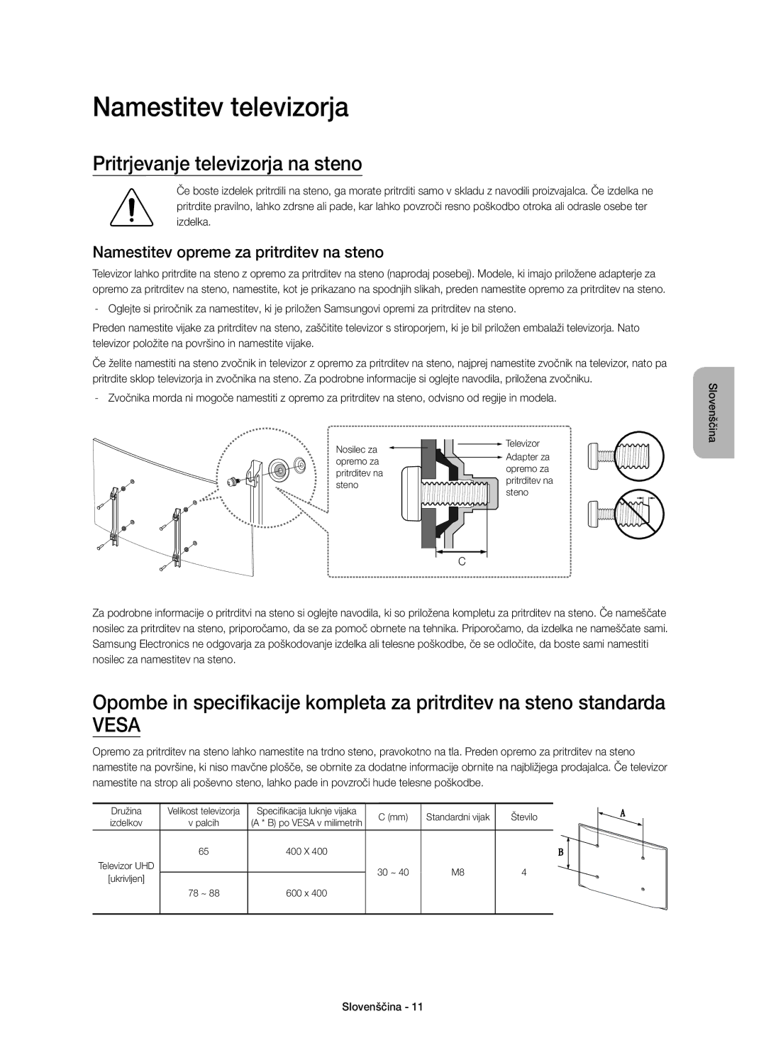 Samsung UE78JS9500LXXN Namestitev televizorja, Pritrjevanje televizorja na steno, Namestitev opreme za pritrditev na steno 