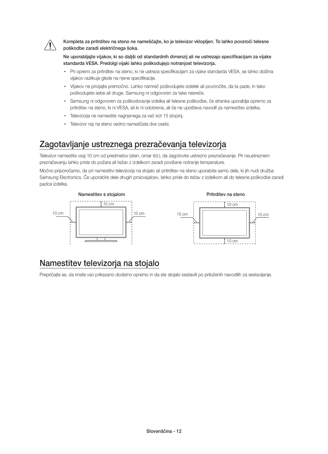 Samsung UE65JS9500LXXH manual Zagotavljanje ustreznega prezračevanja televizorja, Namestitev televizorja na stojalo 