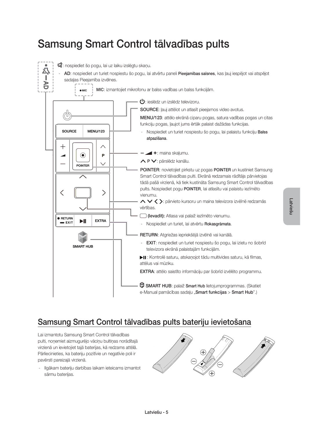 Samsung UE88JS9500LXXN, UE65JS9500LXXH, UE65JS9500LXXN manual Samsung Smart Control tālvadības pults bateriju ievietošana 