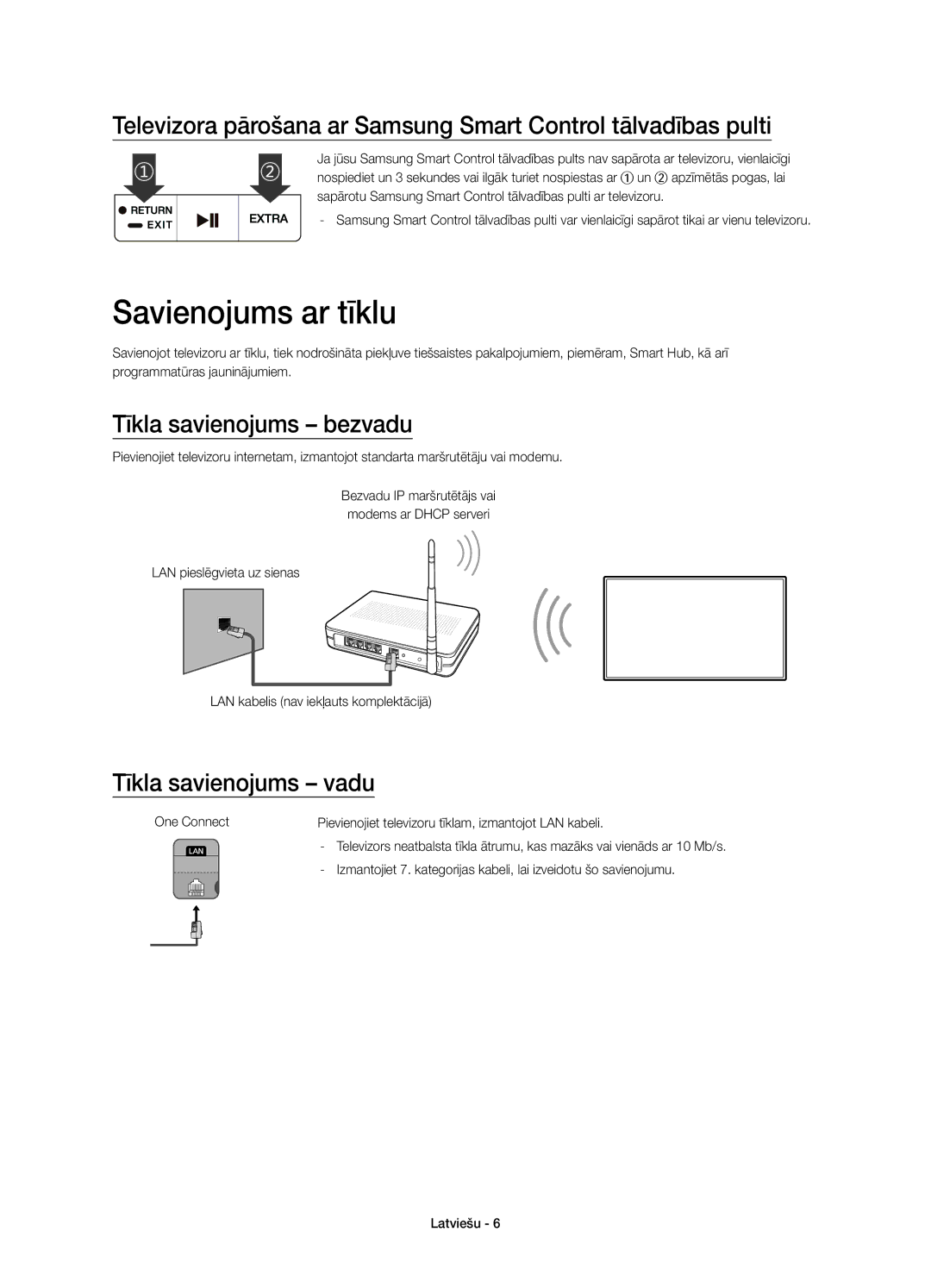 Samsung UE78JS9500LXXN, UE65JS9500LXXH manual Savienojums ar tīklu, Tīkla savienojums bezvadu, Tīkla savienojums vadu 