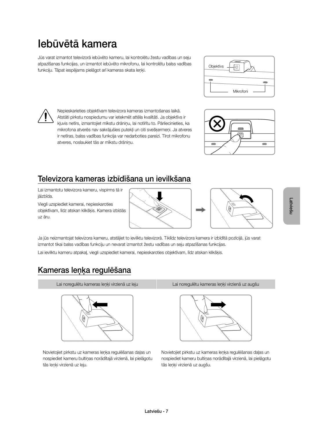 Samsung UE65JS9500LXXH manual Iebūvētā kamera, Televizora kameras izbīdīšana un ievilkšana, Kameras leņķa regulēšana 