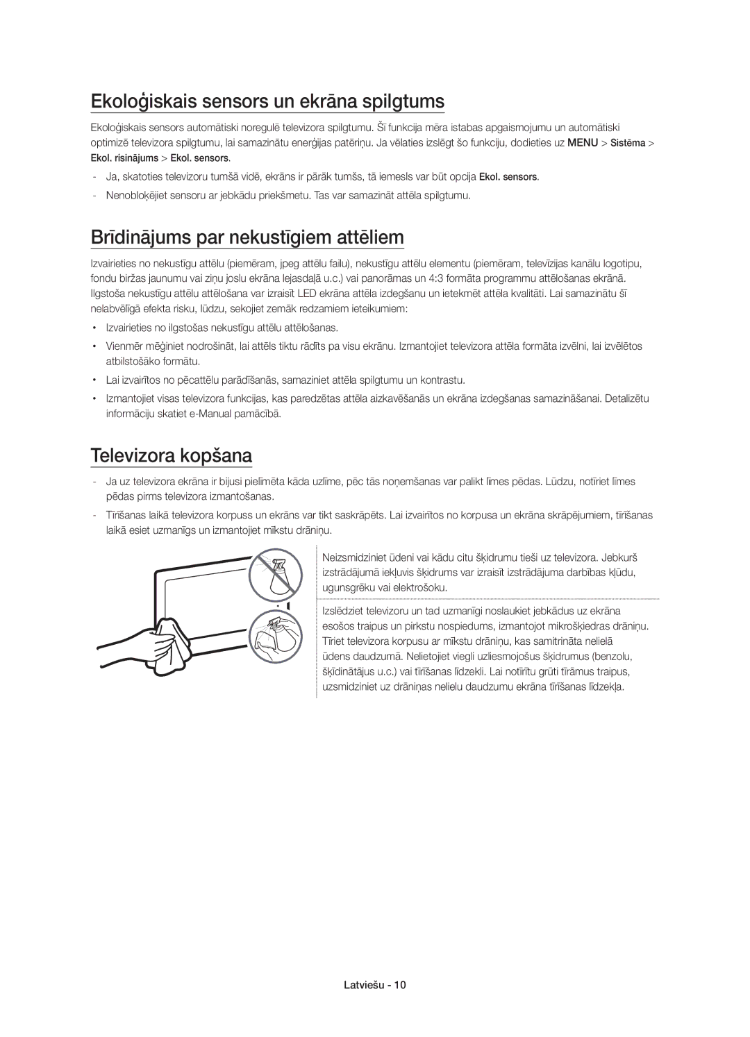 Samsung UE88JS9502TXXH Ekoloģiskais sensors un ekrāna spilgtums, Brīdinājums par nekustīgiem attēliem, Televizora kopšana 