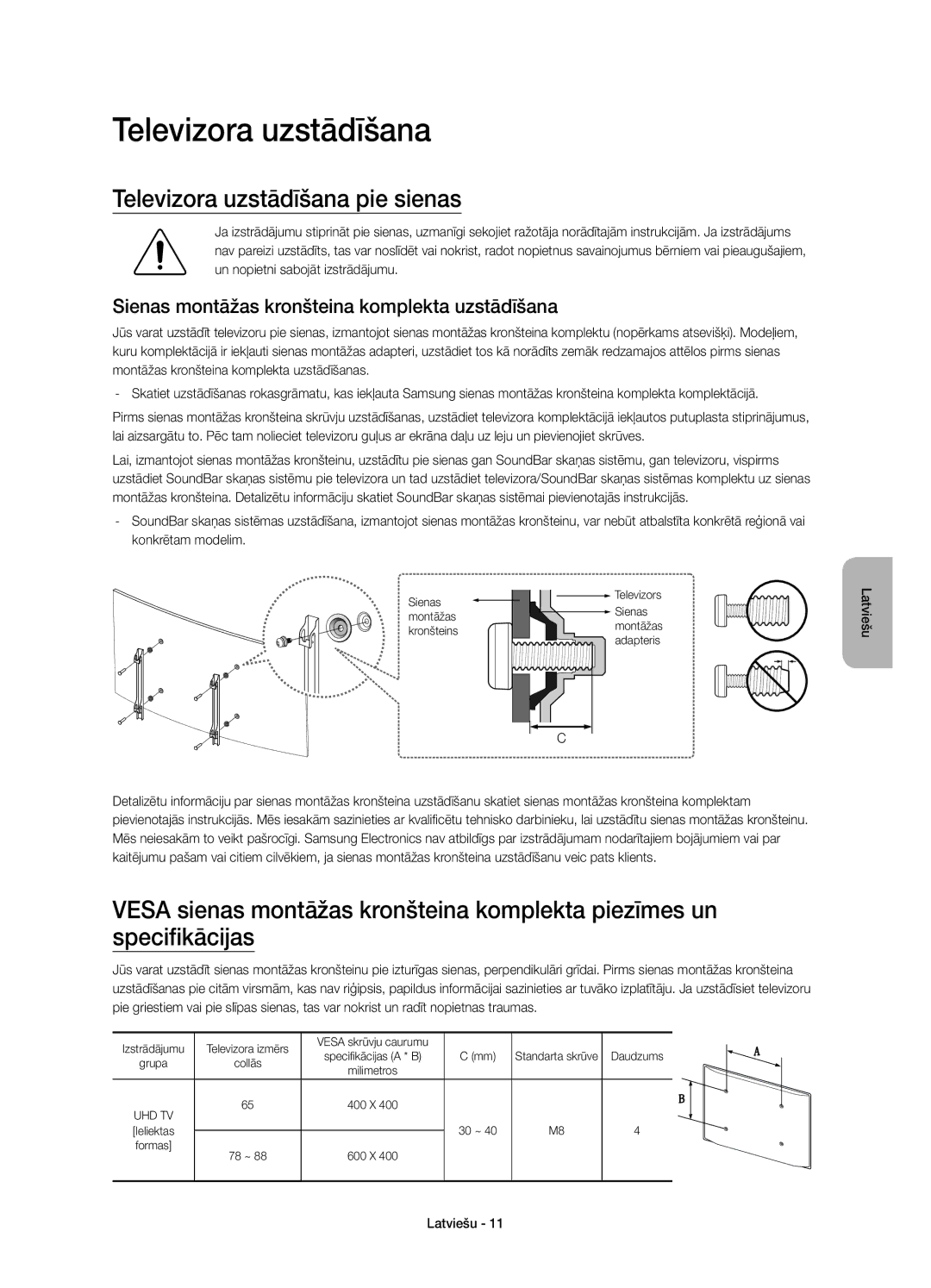 Samsung UE65JS9502TXXH manual Televizora uzstādīšana pie sienas, Sienas montāžas kronšteina komplekta uzstādīšana 