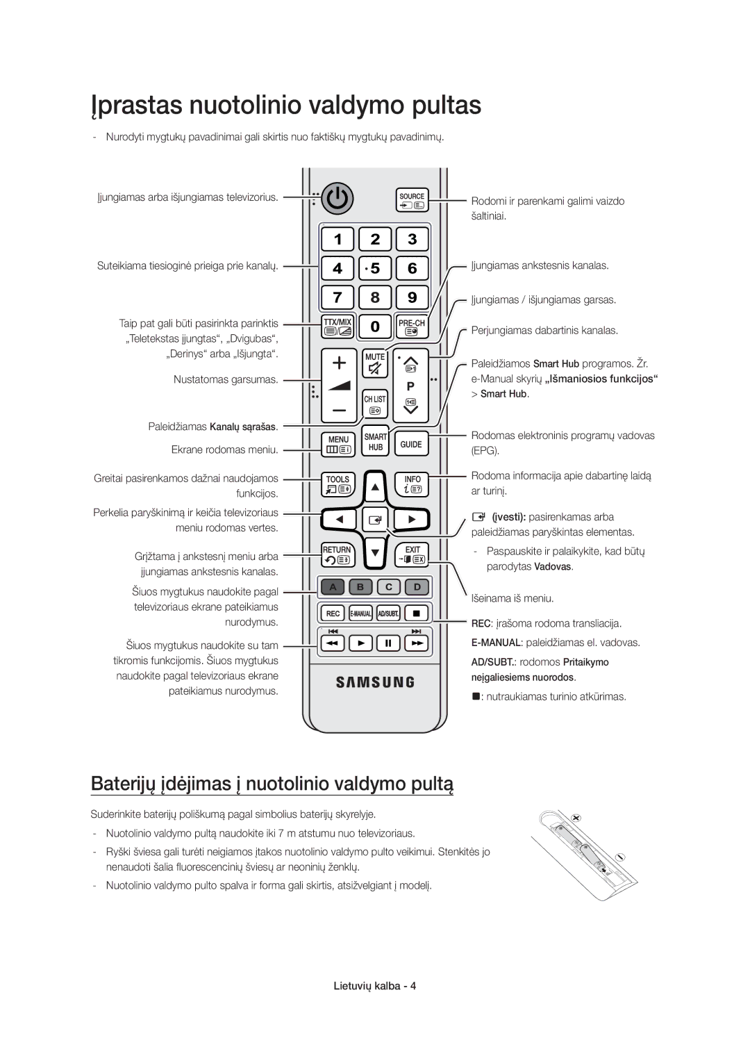 Samsung UE78JS9500LXXH, UE65JS9500LXXH Įprastas nuotolinio valdymo pultas, Baterijų įdėjimas į nuotolinio valdymo pultą 