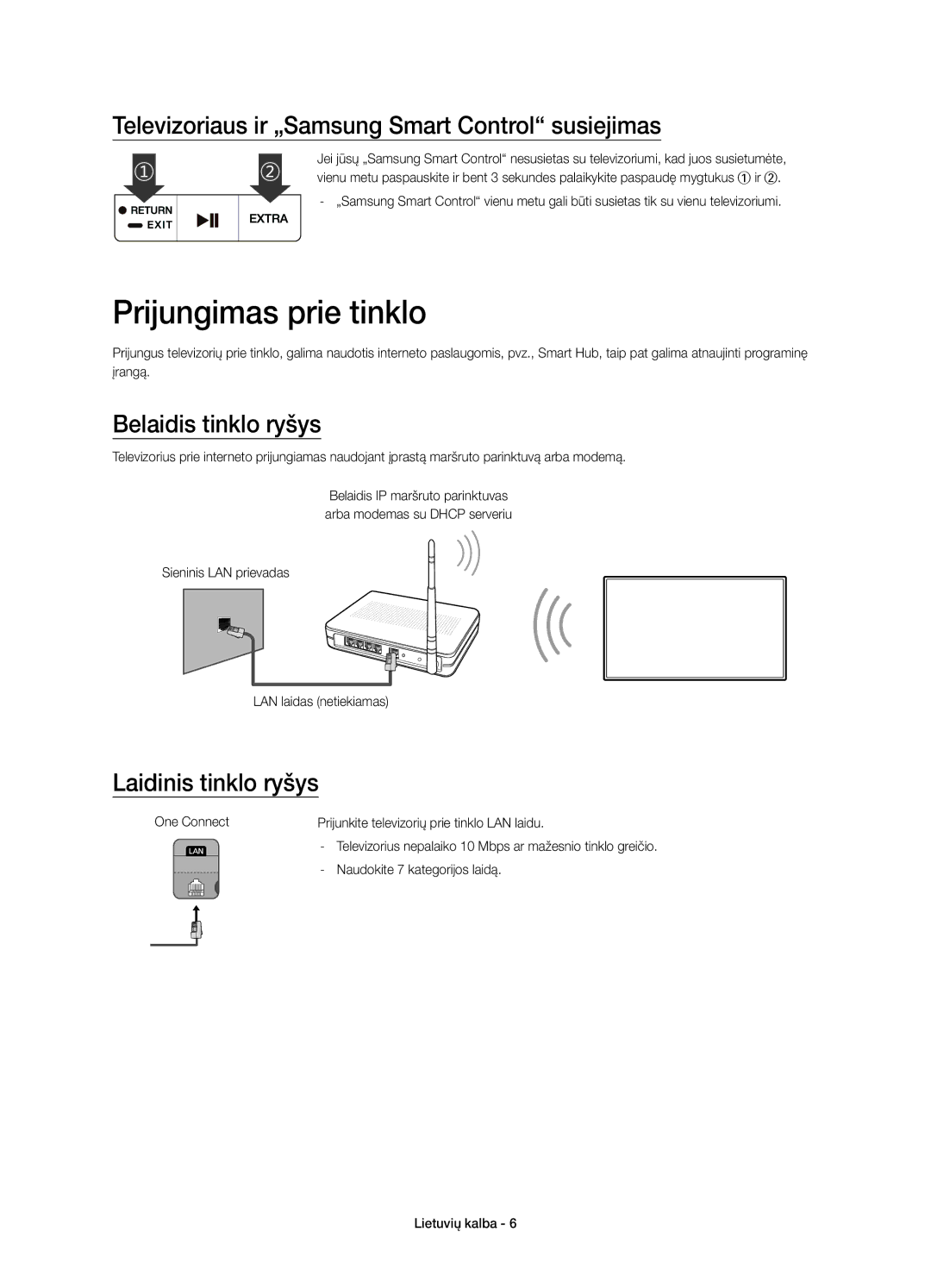 Samsung UE65JS9502TXXH Prijungimas prie tinklo, Televizoriaus ir „Samsung Smart Control susiejimas, Belaidis tinklo ryšys 