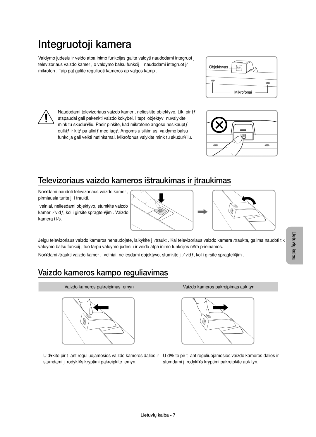 Samsung UE88JS9500LXXH, UE65JS9500LXXH manual Integruotoji kamera, Televizoriaus vaizdo kameros ištraukimas ir įtraukimas 