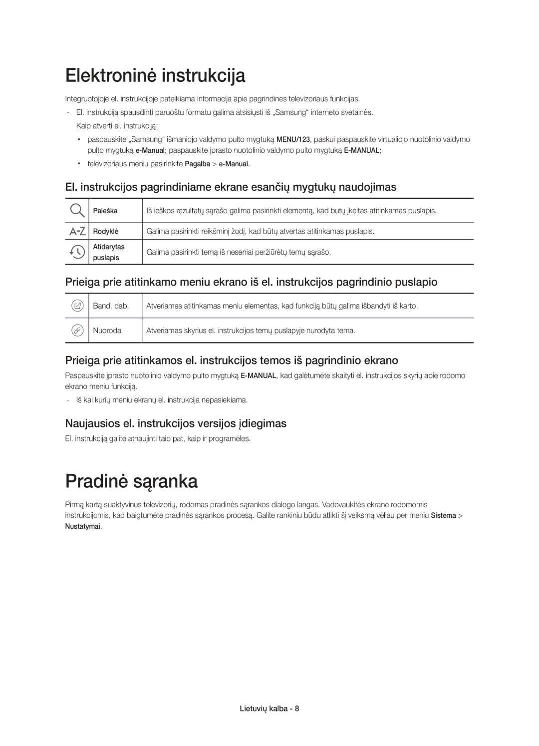 Samsung UE78JS9502TXXH manual Elektroninė instrukcija, Pradinė sąranka, Naujausios el. instrukcijos versijos įdiegimas 