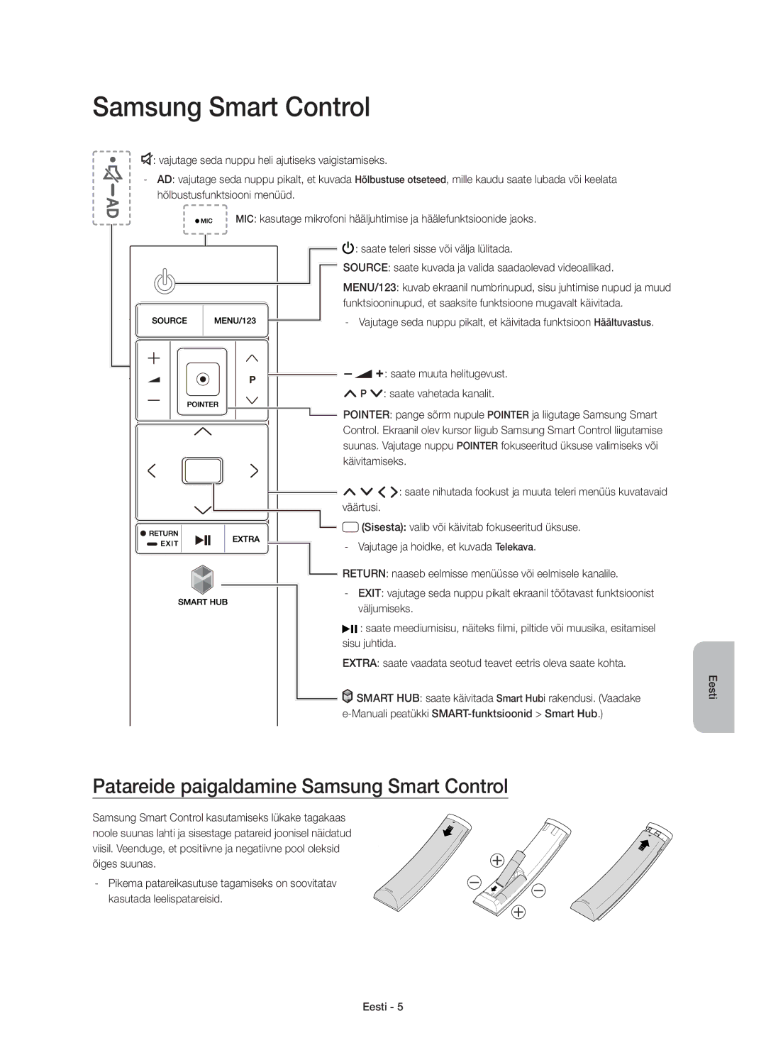 Samsung UE78JS9500LXXN, UE65JS9500LXXH, UE65JS9500LXXN, UE78JS9500LXXH manual Patareide paigaldamine Samsung Smart Control 