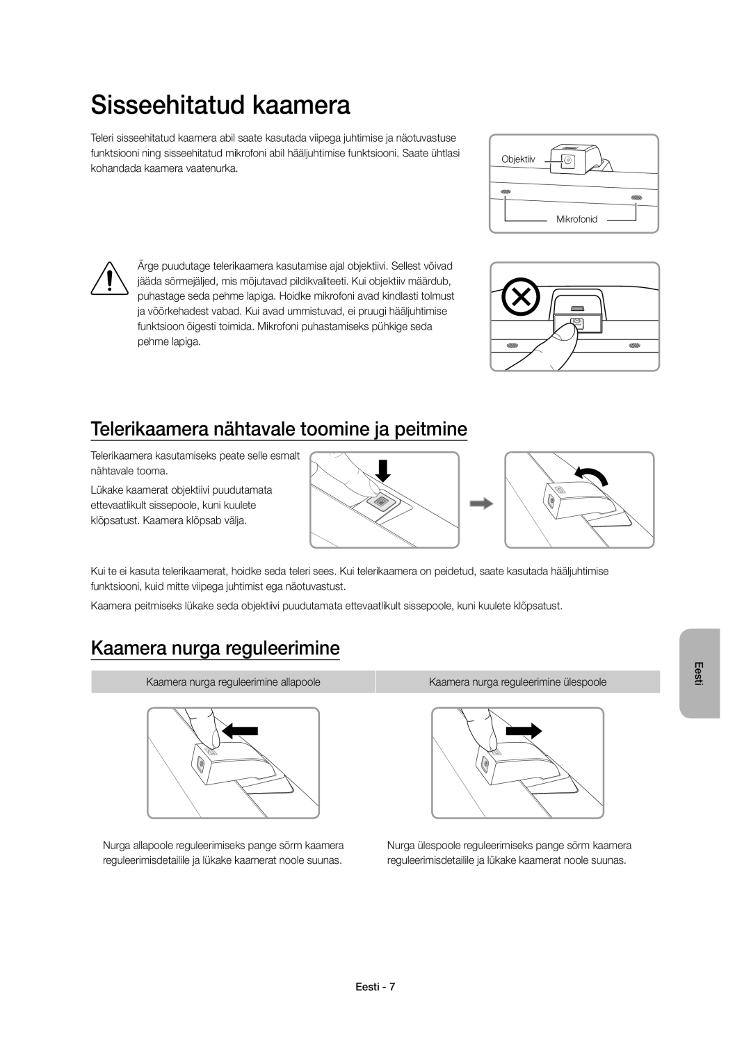 Samsung UE65JS9500LXXN Sisseehitatud kaamera, Telerikaamera nähtavale toomine ja peitmine, Kaamera nurga reguleerimine 