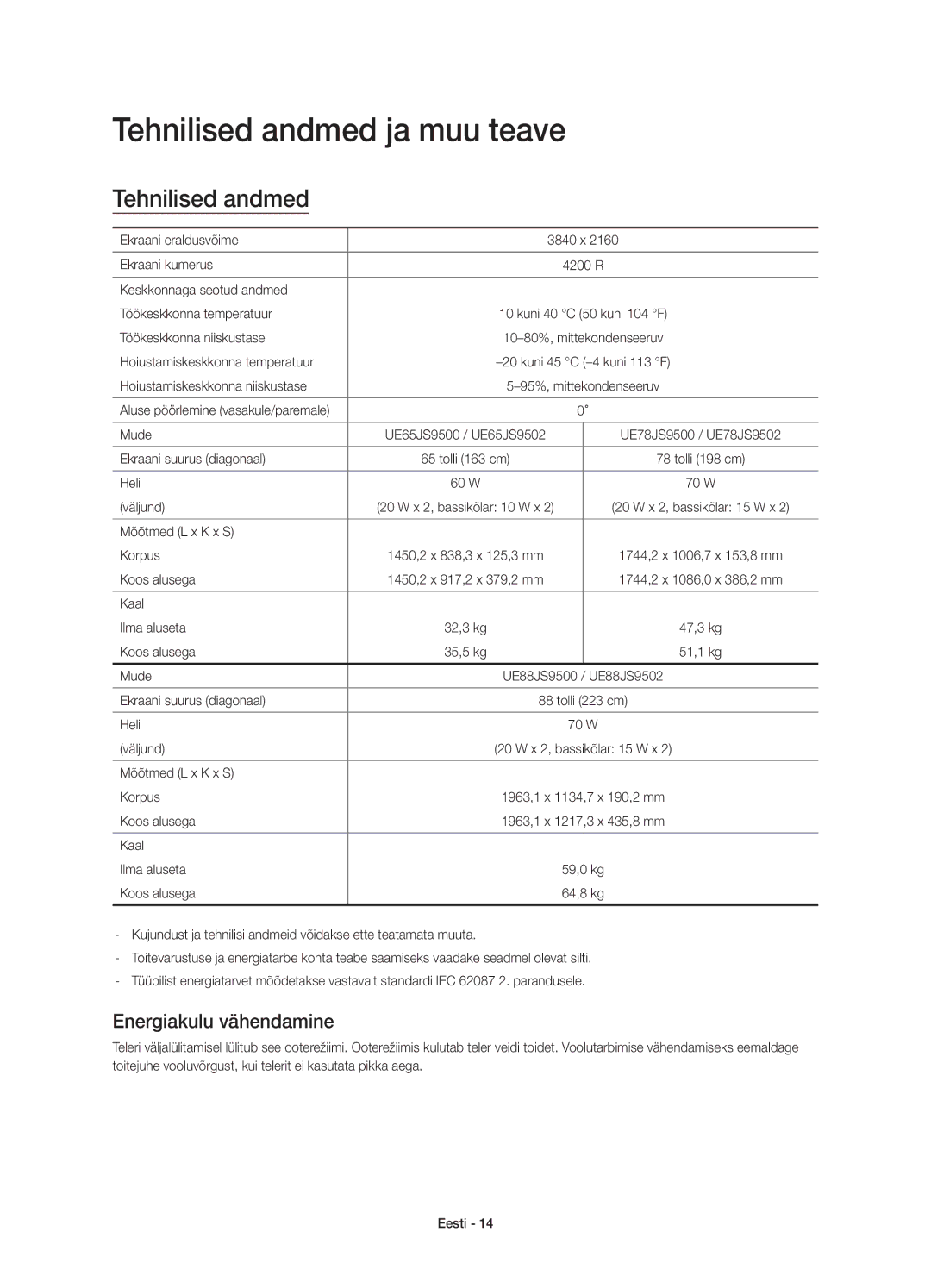 Samsung UE78JS9500LXXN, UE65JS9500LXXH, UE65JS9500LXXN manual Tehnilised andmed ja muu teave, Energiakulu vähendamine 