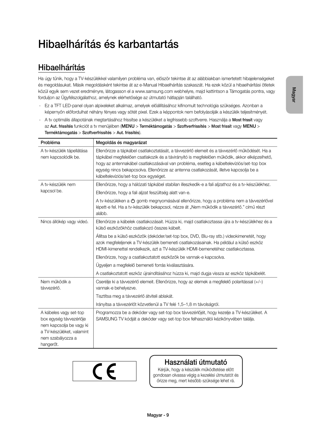 Samsung UE88JS9500LXXH, UE65JS9500LXXH, UE65JS9500LXXN, UE78JS9500LXXH, UE88JS9502TXXH manual Hibaelhárítás és karbantartás 