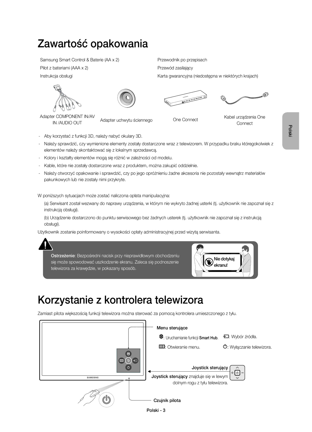 Samsung UE65JS9502TXXH, UE65JS9500LXXH, UE65JS9500LXXN manual Zawartość opakowania, Korzystanie z kontrolera telewizora 